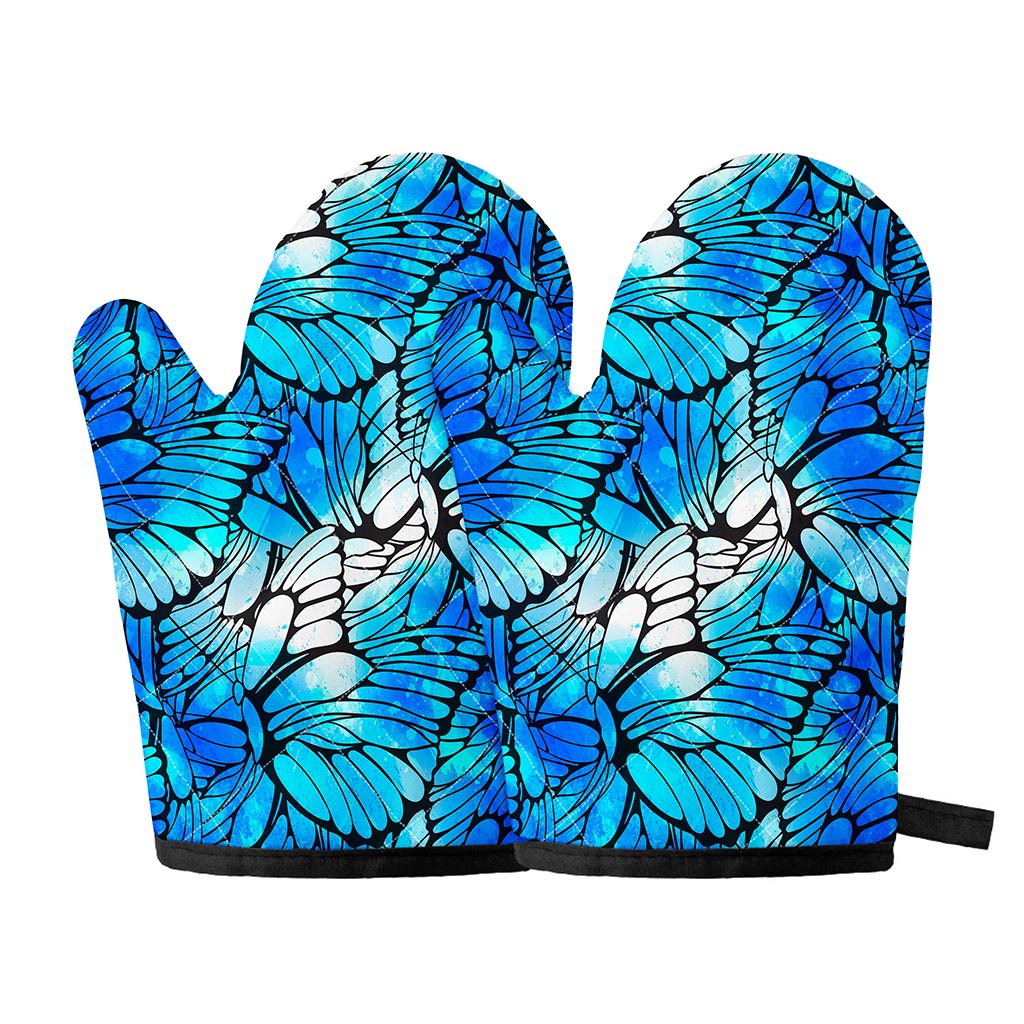 Blue Butterfly Wings Pattern Print Oven Mitts