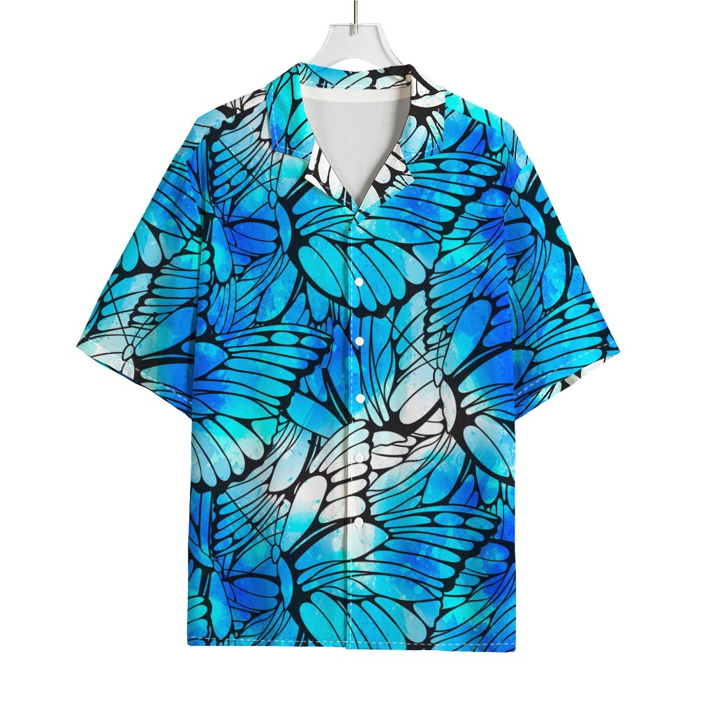 Blue Butterfly Wings Pattern Print Rayon Hawaiian Shirt