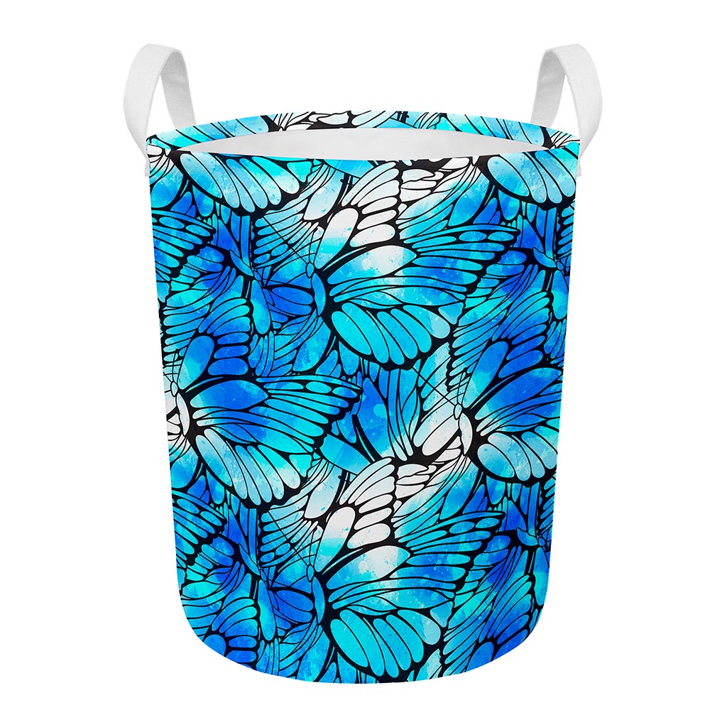 Blue Butterfly Wings Pattern Print Round Laundry Basket