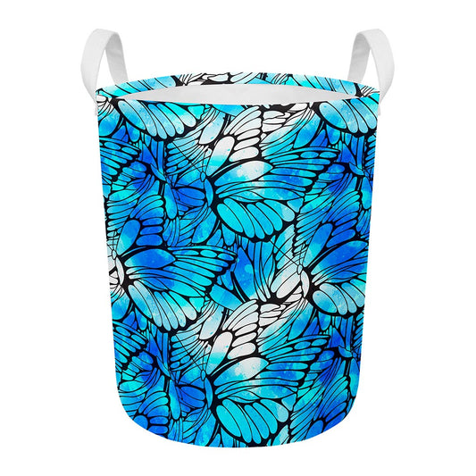 Blue Butterfly Wings Pattern Print Round Laundry Basket