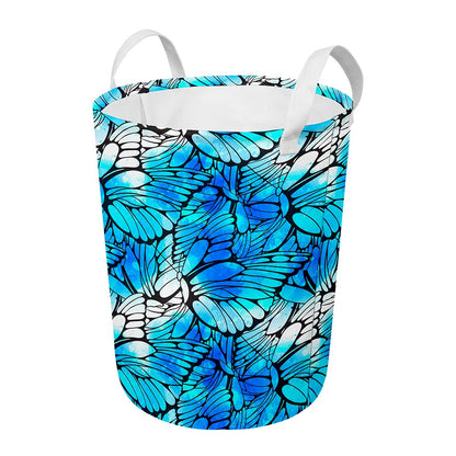 Blue Butterfly Wings Pattern Print Round Laundry Basket