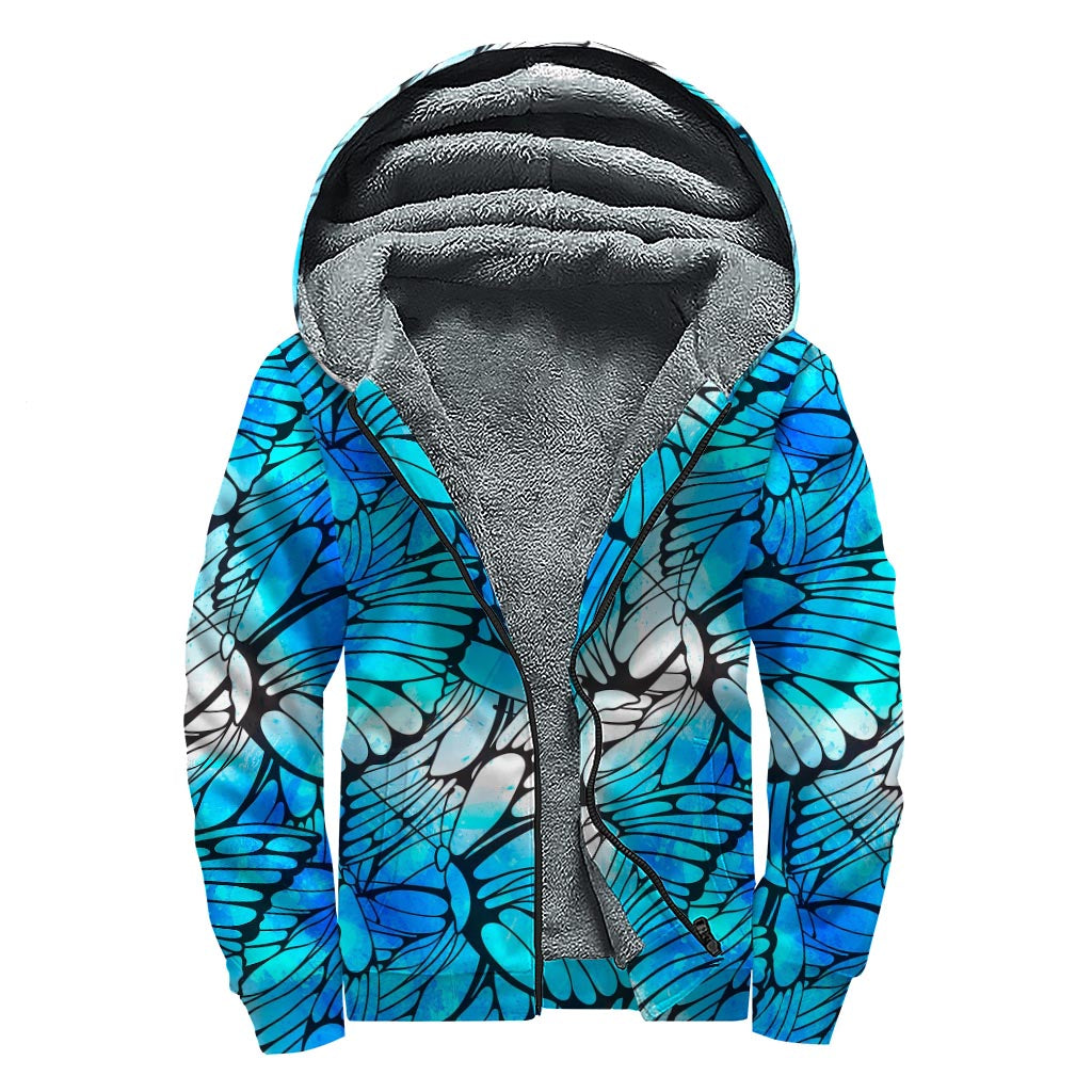 Blue Butterfly Wings Pattern Print Sherpa Lined Zip Up Hoodie