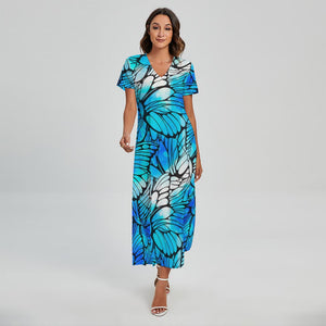 Blue Butterfly Wings Pattern Print Short Sleeve Maxi Dress