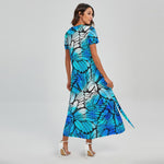 Blue Butterfly Wings Pattern Print Short Sleeve Maxi Dress