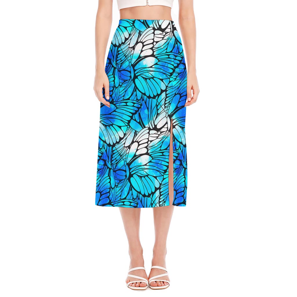 Blue Butterfly Wings Pattern Print Side Slit Midi Skirt