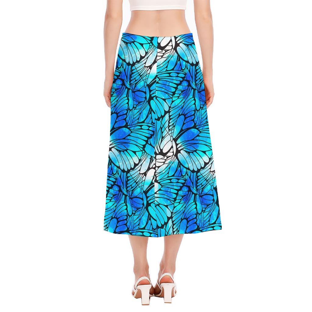 Blue Butterfly Wings Pattern Print Side Slit Midi Skirt