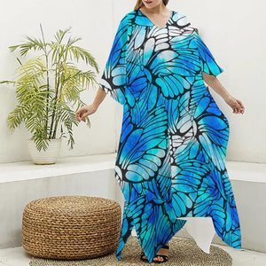 Blue Butterfly Wings Pattern Print Silk V-Neck Kaftan Dress