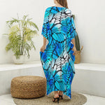 Blue Butterfly Wings Pattern Print Silk V-Neck Kaftan Dress