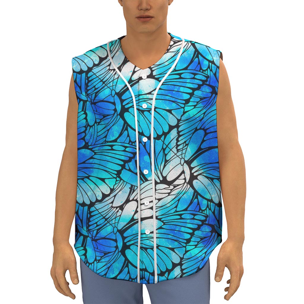 Blue Butterfly Wings Pattern Print Sleeveless Baseball Jersey