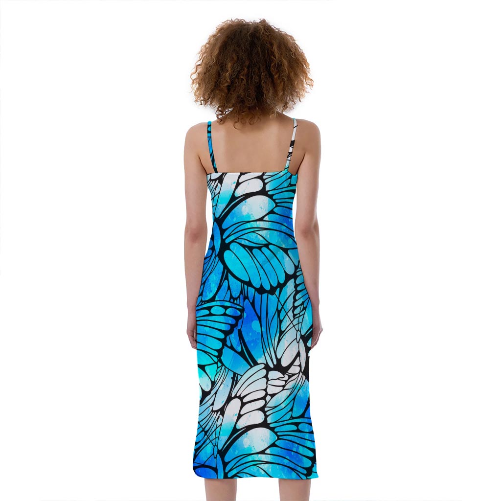 Blue Butterfly Wings Pattern Print Slim Fit Midi Cami Dress