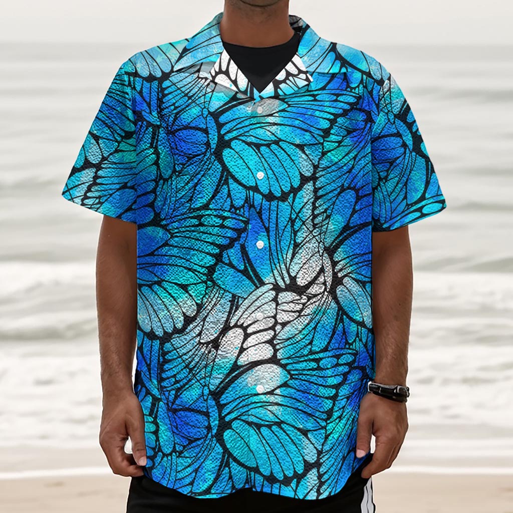 Blue Butterfly Wings Pattern Print Textured Short Sleeve Shirt