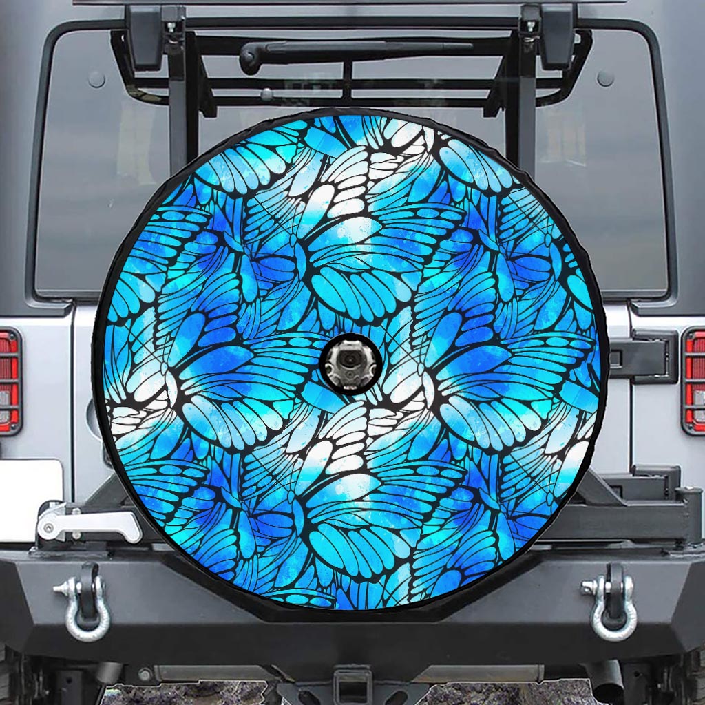 Blue Butterfly Wings Pattern Print Tire Cover With Camera Hole