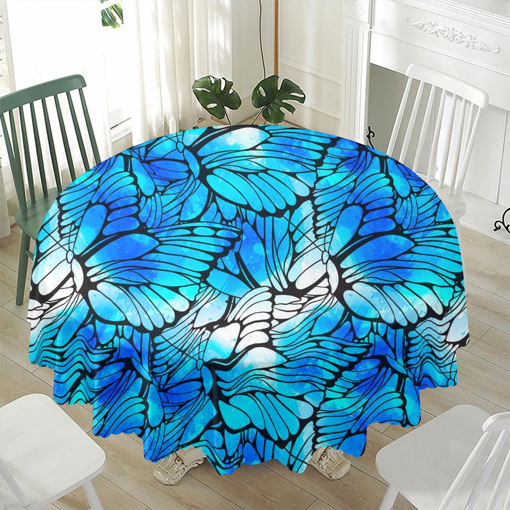 Blue Butterfly Wings Pattern Print Waterproof Round Tablecloth