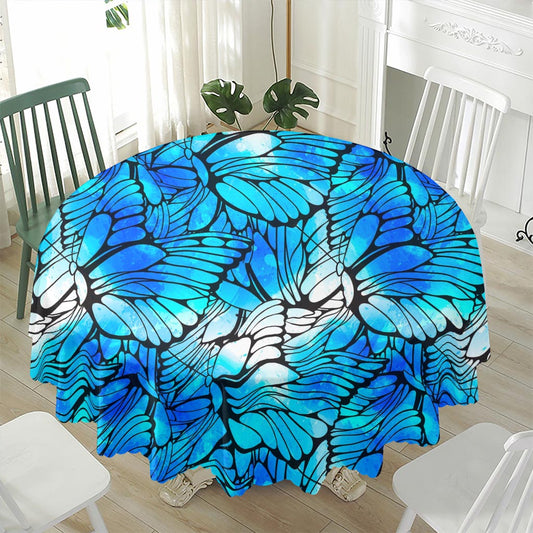 Blue Butterfly Wings Pattern Print Waterproof Round Tablecloth