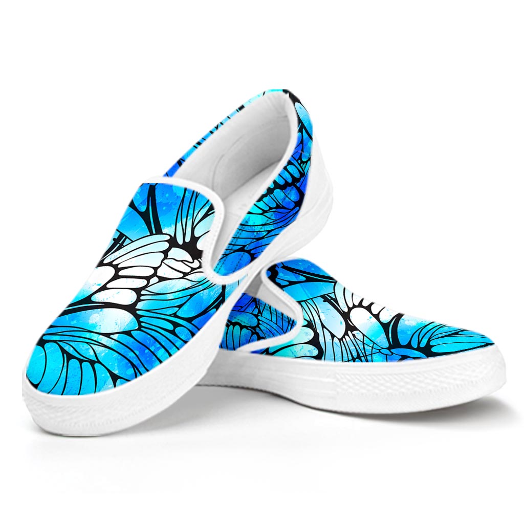 Blue Butterfly Wings Pattern Print White Slip On Sneakers