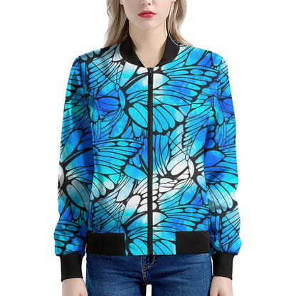 Blue Butterfly Wings Pattern Print Women's Bomber Jacket