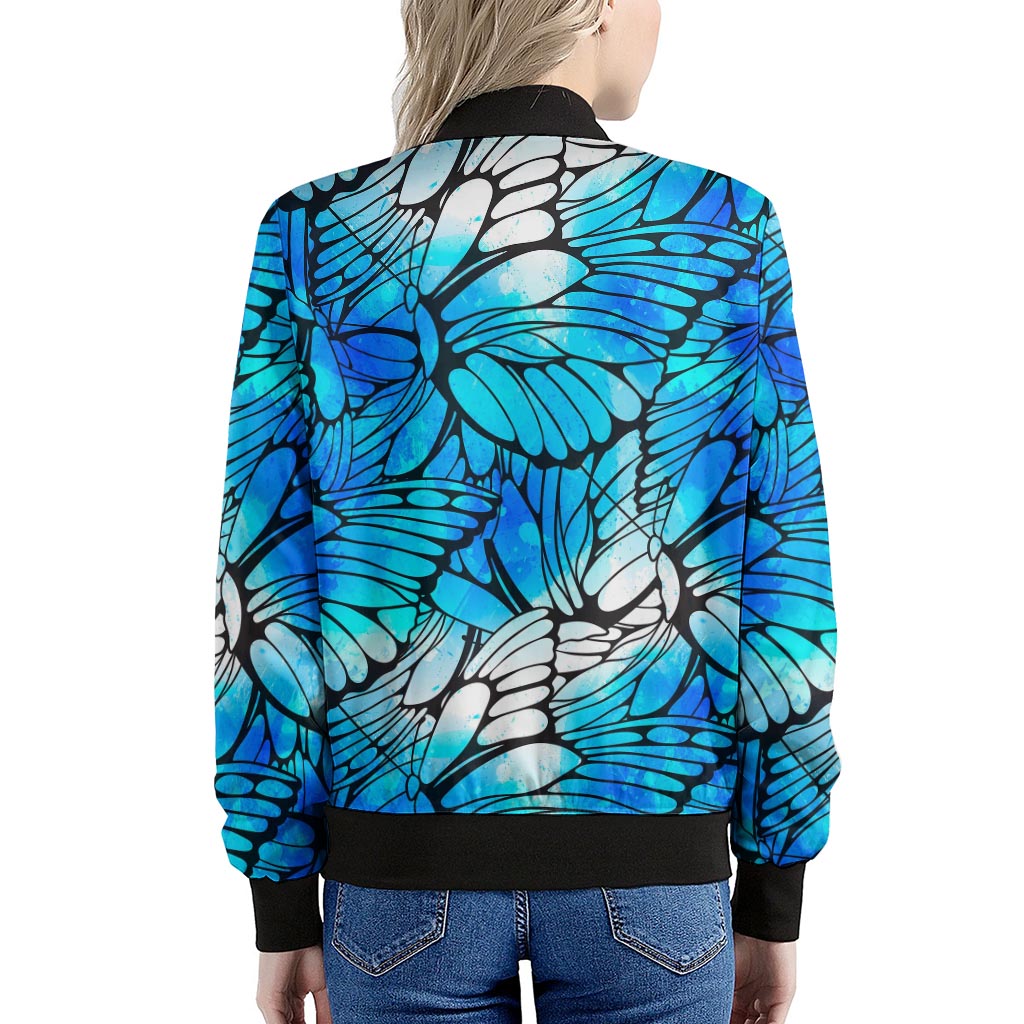 Blue Butterfly Wings Pattern Print Women's Bomber Jacket