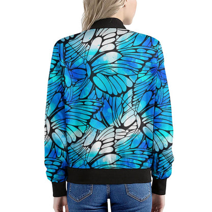 Blue Butterfly Wings Pattern Print Women's Bomber Jacket