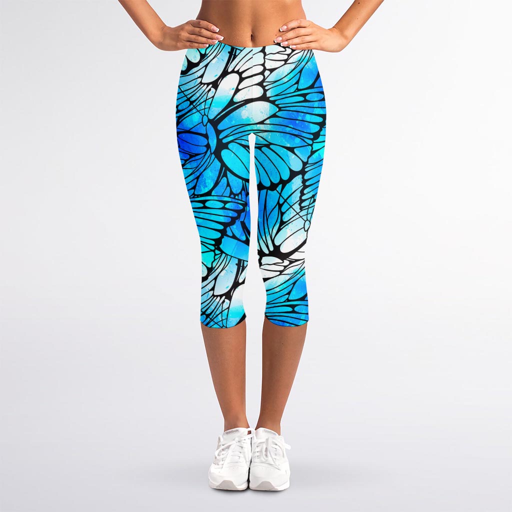 Blue Butterfly Wings Pattern Print Women's Capri Leggings