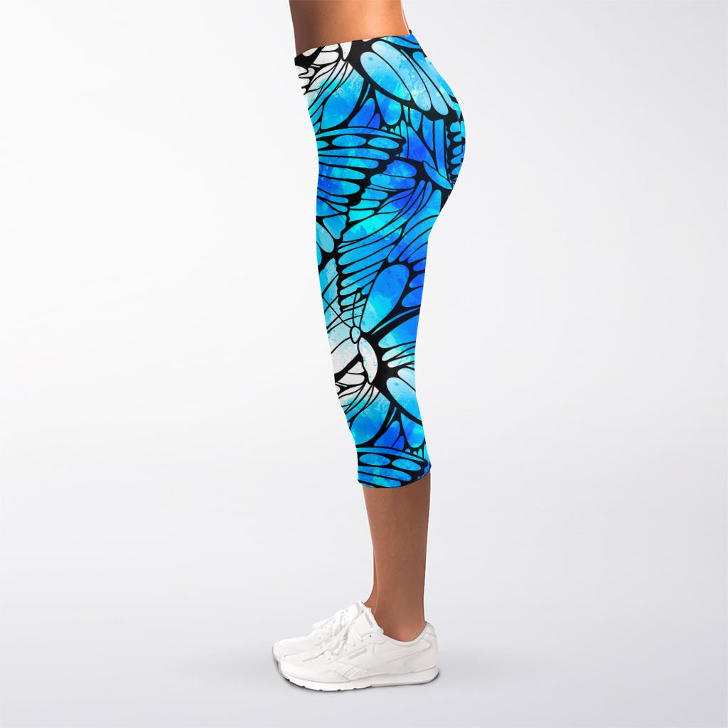 Blue Butterfly Wings Pattern Print Women's Capri Leggings