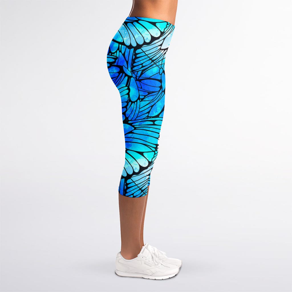 Blue Butterfly Wings Pattern Print Women's Capri Leggings