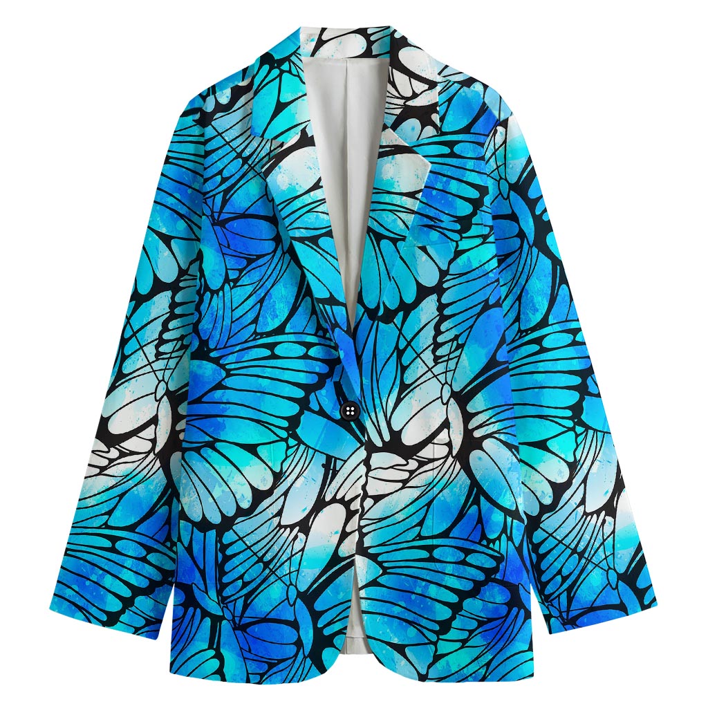 Blue Butterfly Wings Pattern Print Women's Cotton Blazer