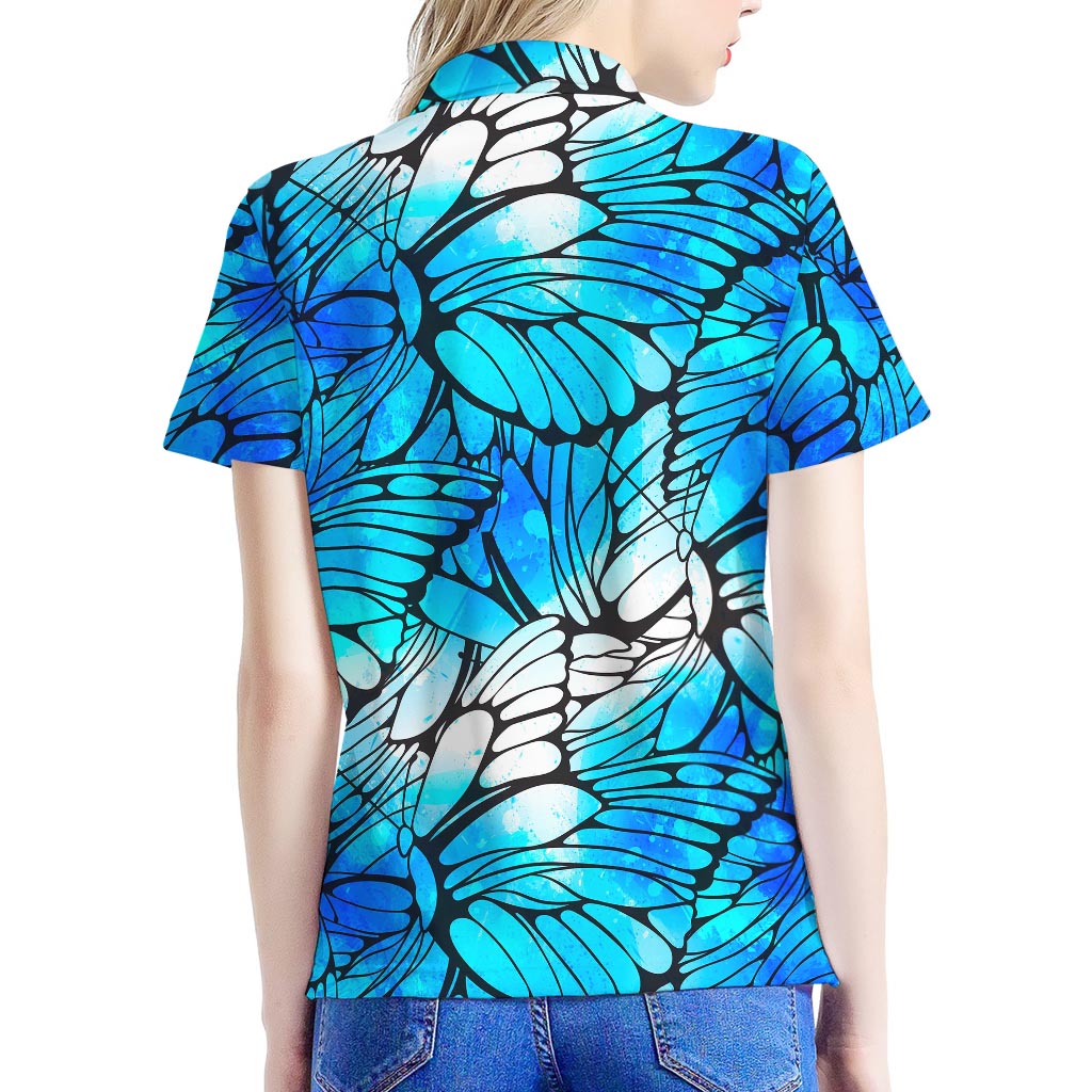 Blue Butterfly Wings Pattern Print Women's Polo Shirt