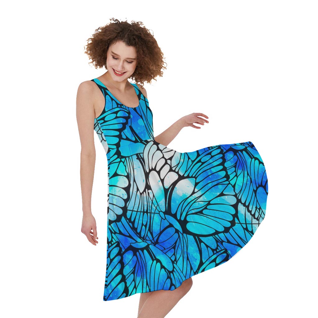 Blue Butterfly Wings Pattern Print Women's Sleeveless Dress