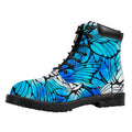 Blue Butterfly Wings Pattern Print Padded Collar Lace Up Boots