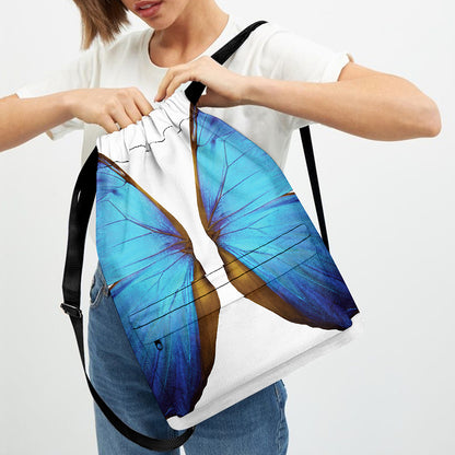 Blue Butterfly Wings Print Drawstring Backpack