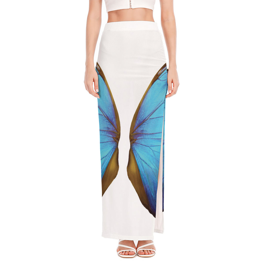 Blue Butterfly Wings Print High Slit Maxi Skirt