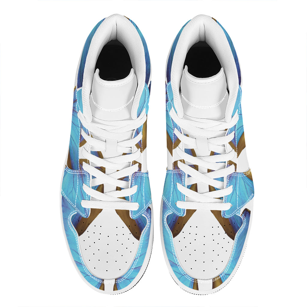 Blue Butterfly Wings Print High Top Leather Sneakers