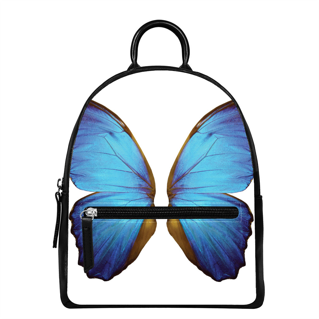 Blue Butterfly Wings Print Leather Backpack