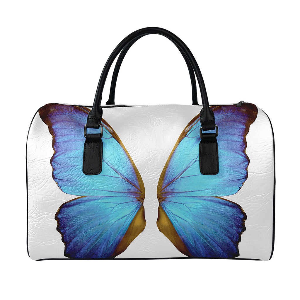 Blue Butterfly Wings Print Leather Duffle Bag