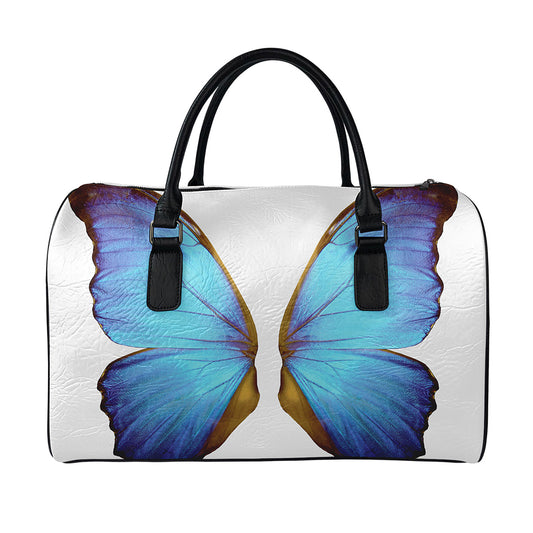 Blue Butterfly Wings Print Leather Duffle Bag