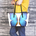 Blue Butterfly Wings Print Leather Tote Bag