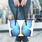 Blue Butterfly Wings Print Leather Tote Bag