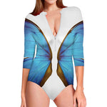 Blue Butterfly Wings Print Long Sleeve Swimsuit
