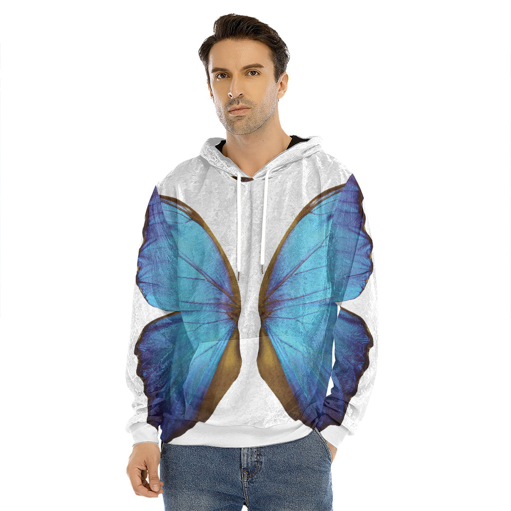 Blue Butterfly Wings Print Men's Velvet Pullover Hoodie