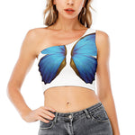 Blue Butterfly Wings Print One Shoulder Crop Top