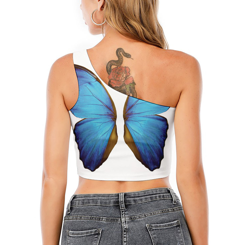 Blue Butterfly Wings Print One Shoulder Crop Top