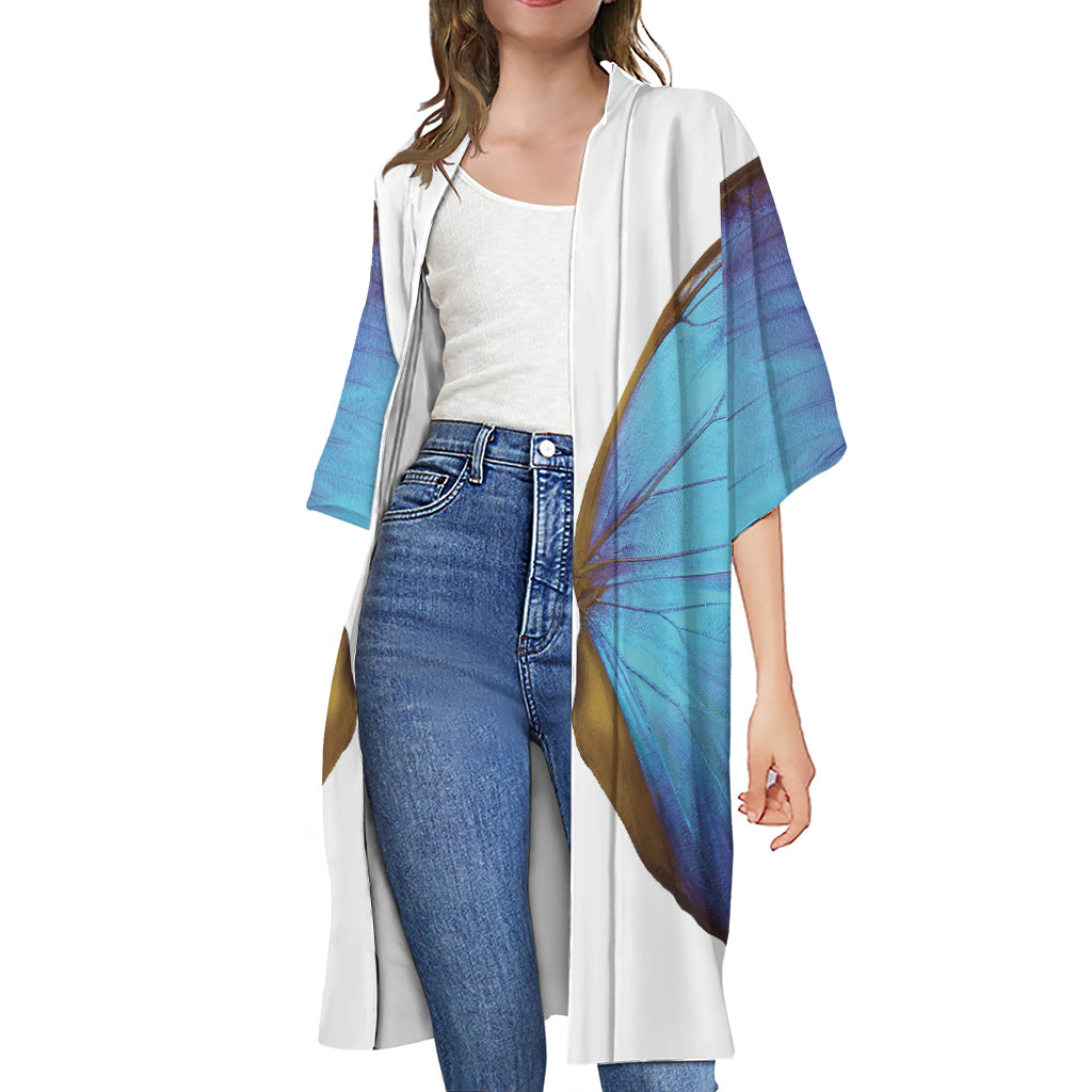 Blue Butterfly Wings Print Open Front Beach Cover Up