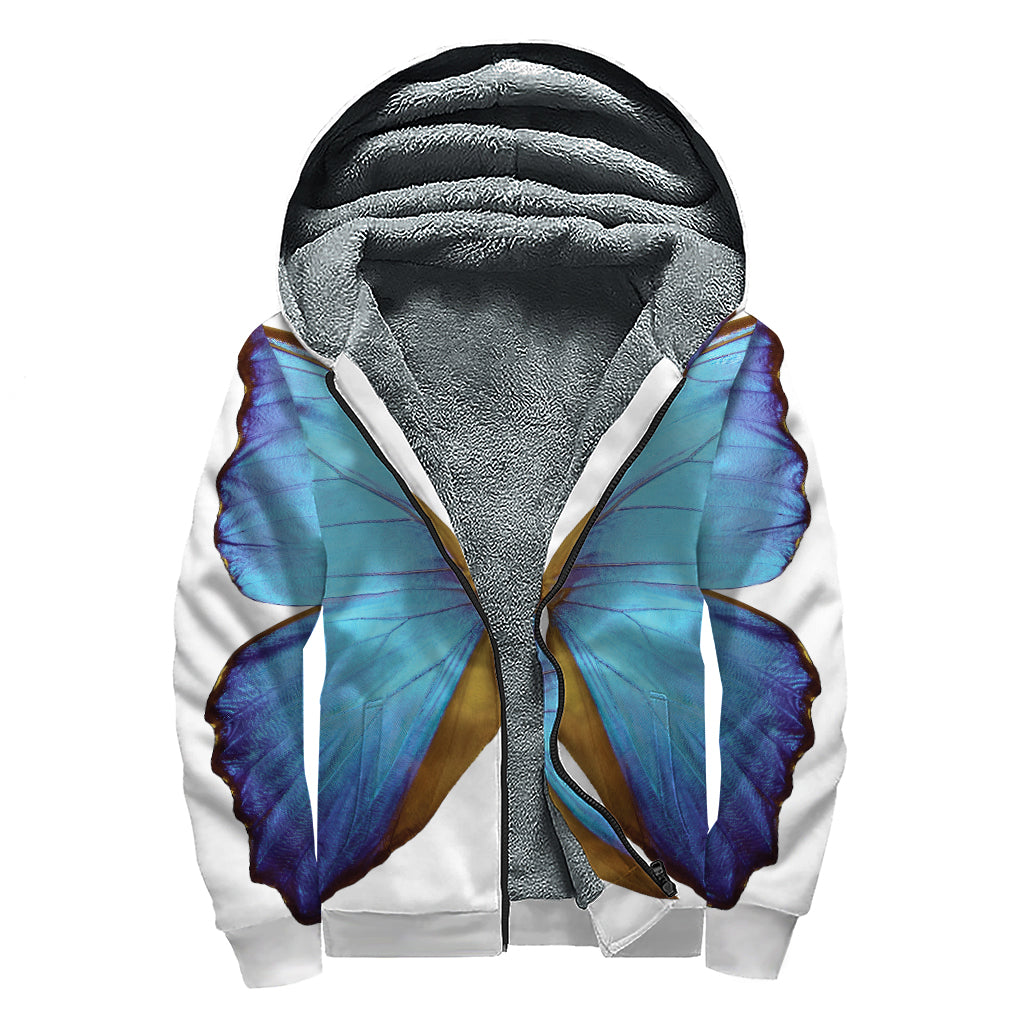 Blue Butterfly Wings Print Sherpa Lined Zip Up Hoodie