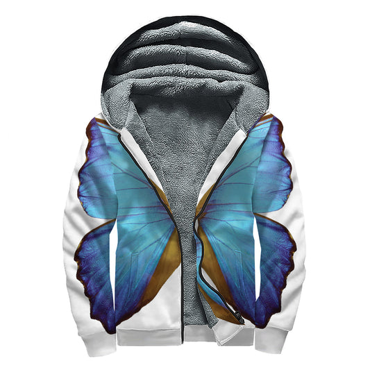 Blue Butterfly Wings Print Sherpa Lined Zip Up Hoodie