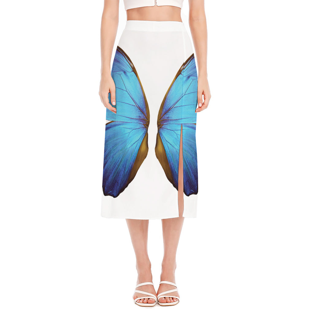 Blue Butterfly Wings Print Side Slit Midi Skirt