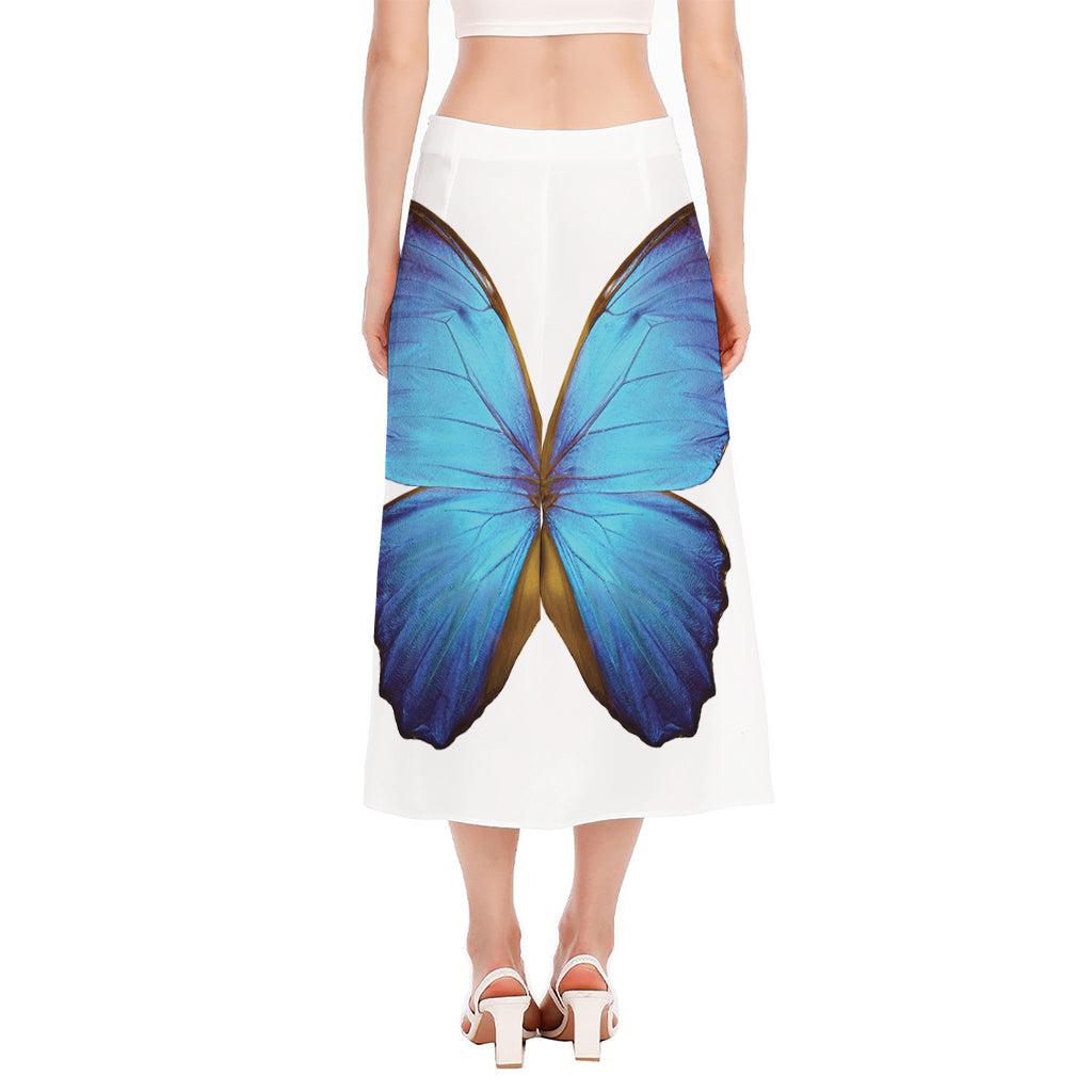 Blue Butterfly Wings Print Side Slit Midi Skirt