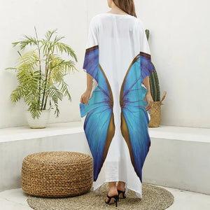 Blue Butterfly Wings Print Silk V-Neck Kaftan Dress