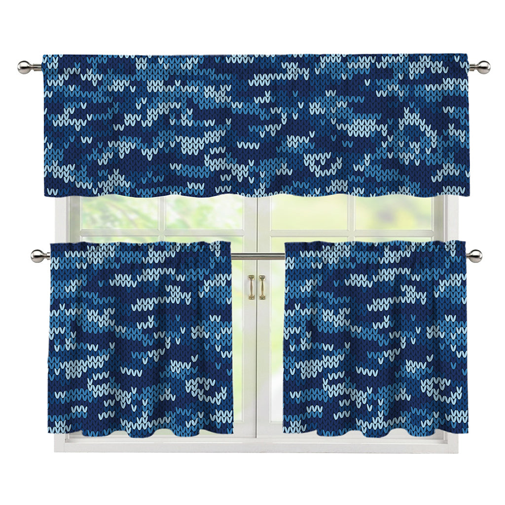Blue Camouflage Knitted Pattern Print 3 Piece Kitchen Curtains