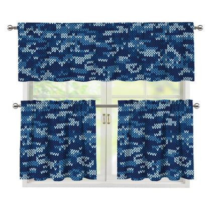 Blue Camouflage Knitted Pattern Print 3 Piece Kitchen Curtains