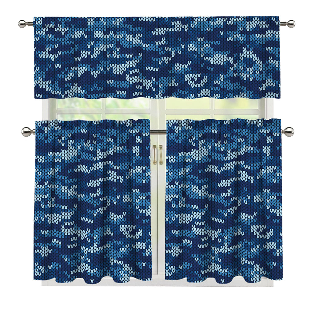 Blue Camouflage Knitted Pattern Print 3 Piece Kitchen Curtains